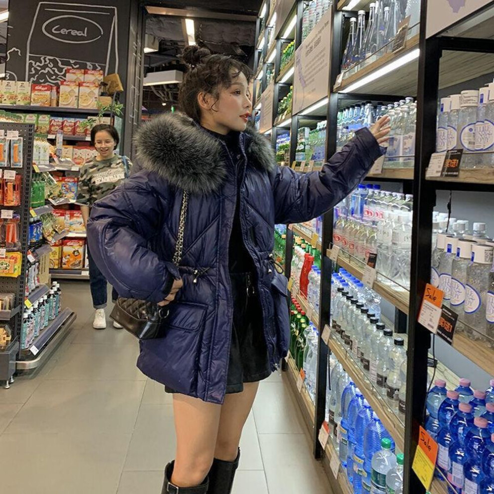 (blue, M) Fur Collar Winter Coat Women Black Shiny Korean Oversized Fleece Hoodie Warm Cotton Quilted Jacket Thick Parkas
