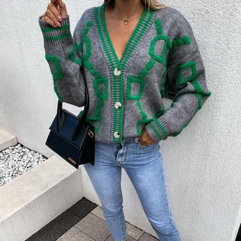 (L, gray) Autumn Winter Vintage Knitted Sweater Women Letter Printed Cardigan Women V Neck Long Sleeve Loose Casual Jumper Tops