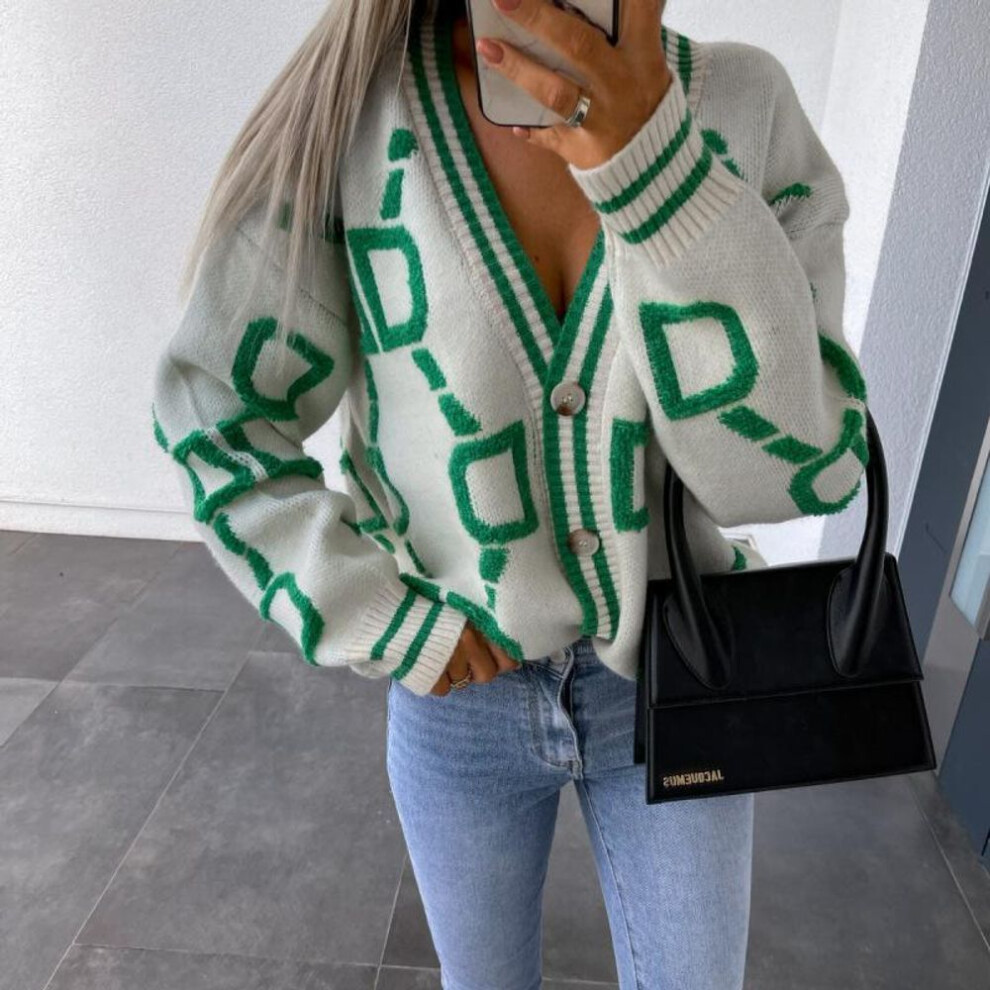 (M, white) Autumn Winter Vintage Knitted Sweater Women Letter Printed Cardigan Women V Neck Long Sleeve Loose Casual Jumper Tops