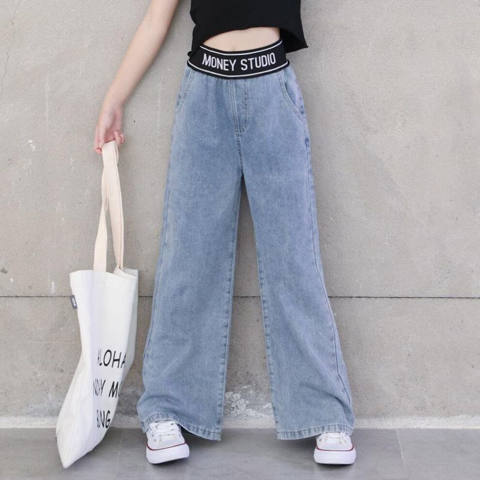 (as the picture, 13) Teenage Girls Jeans Spring Autumn Casual Fashion Loose Blue Kids Leg Wide Pants School Children High Waist Trousers