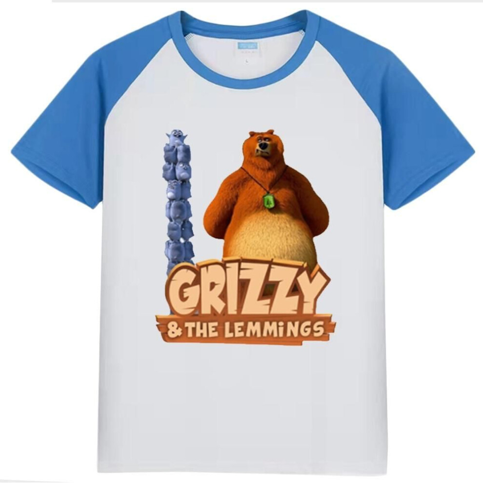(blue, 110) Grizzy Bear Cute Lemmings Cartoon Print Funny Kids T Shirt 100% Cottn Summer Children Clothes Boys Girls  O-neck T-shirts