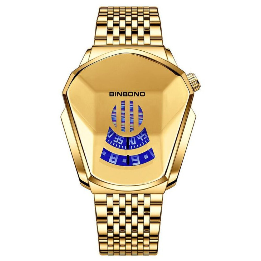 (gold, steel band) Fashion Cool Locomotive Mens Watches Top Brand Luxury Quartz Gold Wristwatch Men Waterproof Geometric Shape Clock