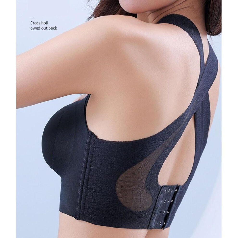 (black, XXXXL) Large Size Women Comfortable Seamless Underwear Wireless Brassiere Gathered Push Up Bralette Front Buckle Cross Back Bra