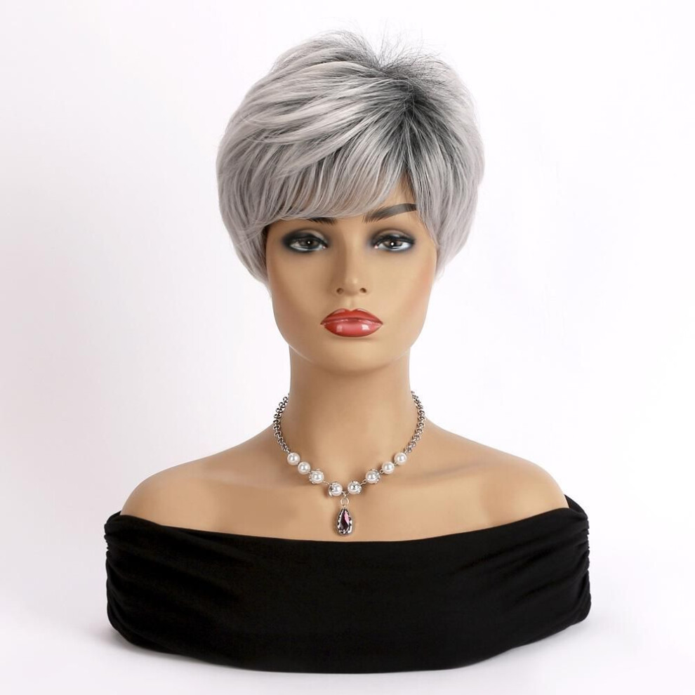 (grey) European And American Style Women Synthetic Fiber Short Straight Wig Elderly Women&apos;s Daily Use Natural Looking Mixed Gray Wig With Bangs