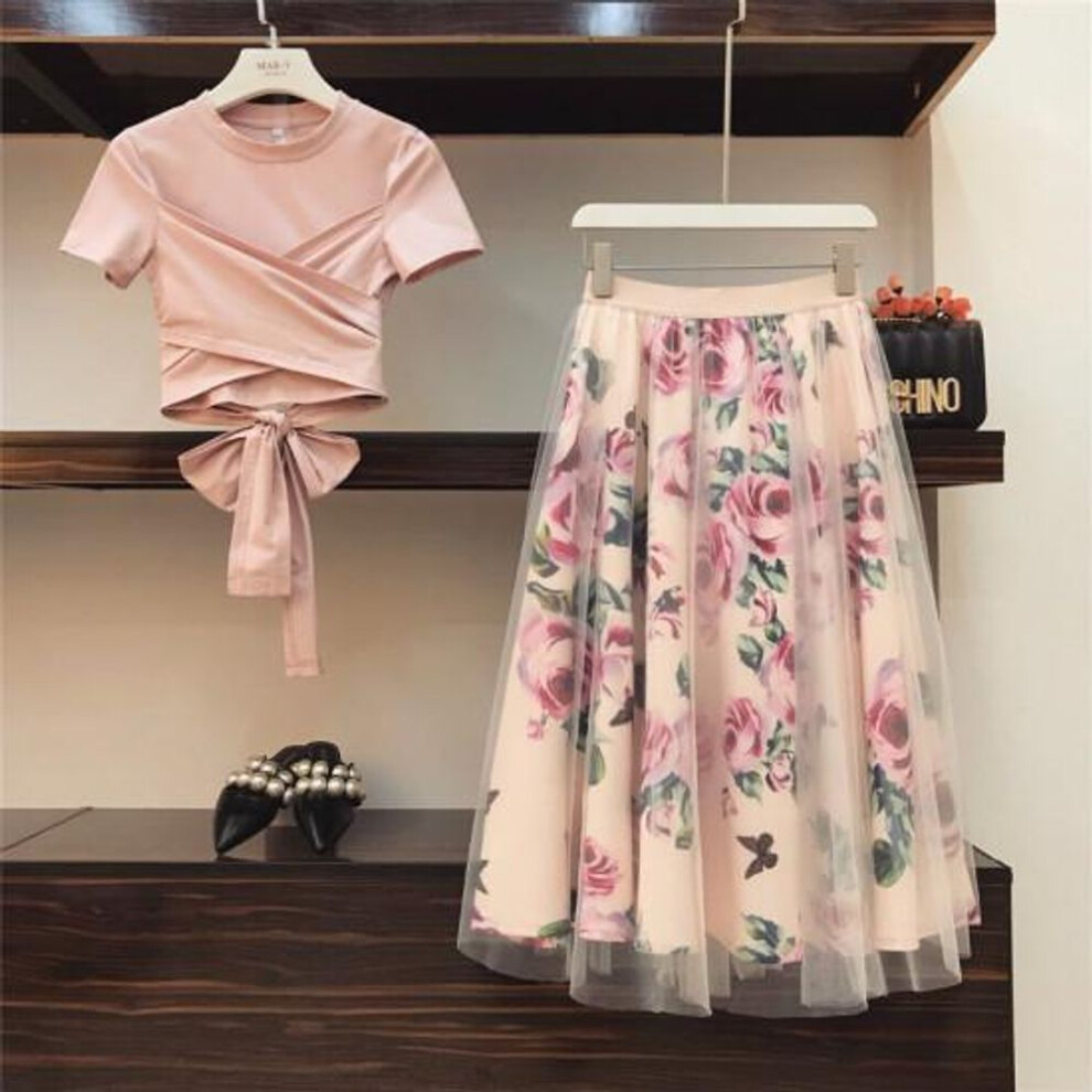 (S) Women Irregular T Shirt +Mesh Skirts Suits Solid Tops Vintage Floral Skirt Sets For Elegant