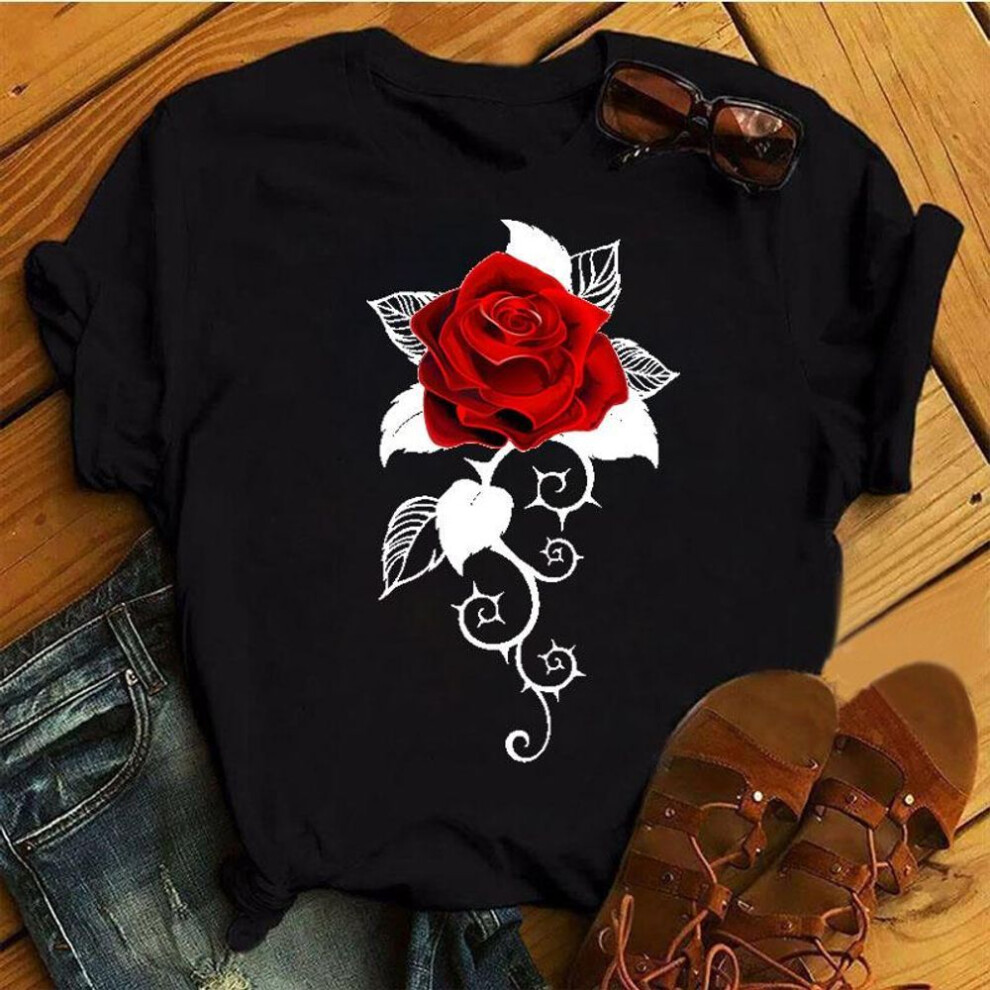 (XXL, as the picture) New Women Black T Shirt Red Rose Flower Print Tops Female Short Sleeve Tee Shirts Ladies Summer Cute Graphic T-shirts Clothing