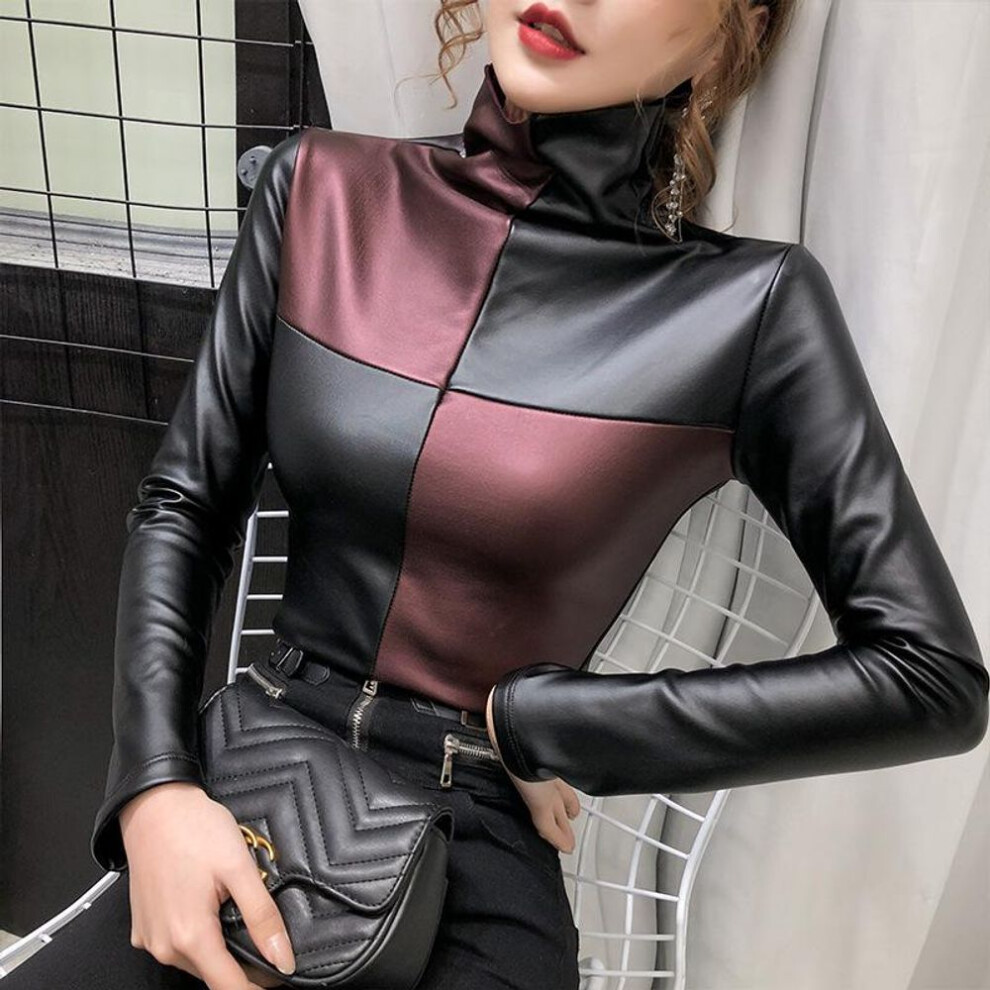 (4XL, as the picture) Turtleneck Women Blouse Fashion Long Sleeve Female Tops Autumn Winter Patchwork Slim Pu Leather Shirt Women Clothing