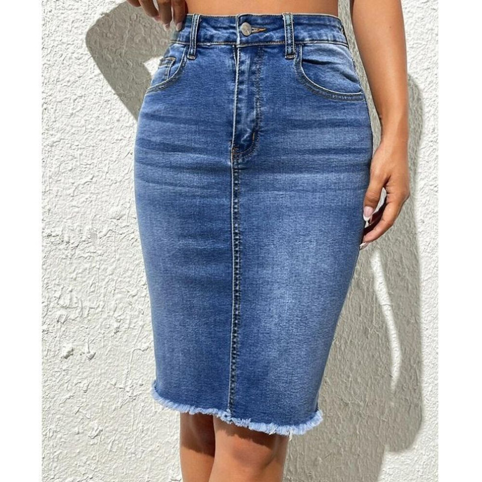 (XXL, blue) Women High Waist Denim Skirts Ladies Stretch Jeans Knee Length Casual Bodycon Skirt