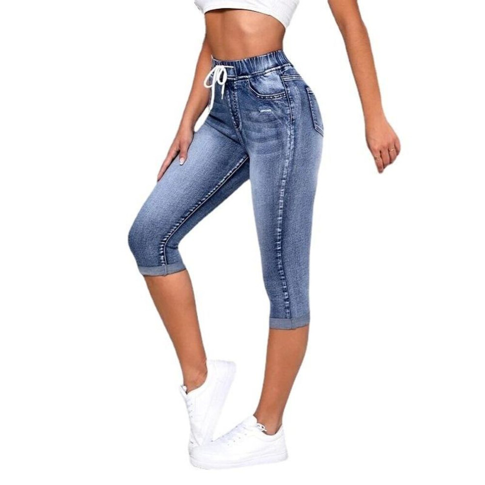 (blue, XL) Women Denim Jeans Shorts Drawtring High Waist Stretch knee Length Ripped Hole Short Jean Pants