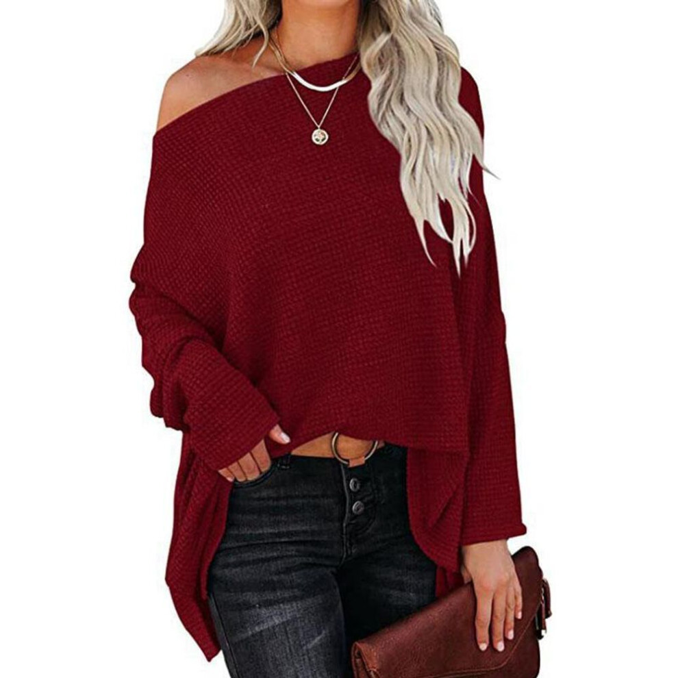 (XL, wine red) Spring and Autumn Women&apos;s T-shirt Casual Off-shoulder Bat Long Sleeve Waffle Knitted Oversized Pullover Sweater Pullover Tops
