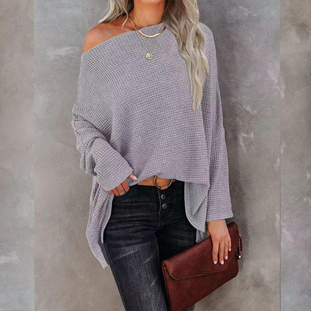 (XL, silver gray) Spring And Autumn Women&apos;s T-shirt Casual Off-shoulder Bat Long Sleeve Waffle Knitted Oversized Pullover Sweater Pullover Tops