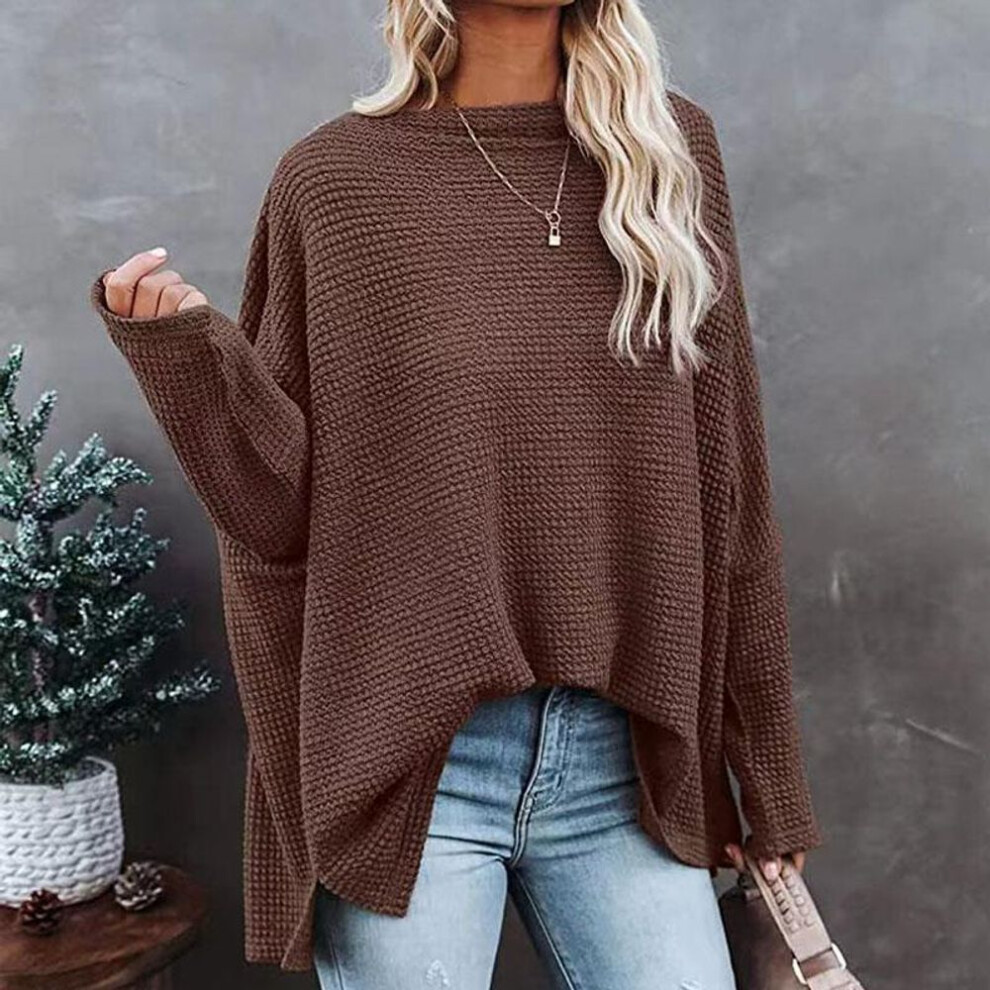 (M, coffee) Spring and Autumn Women&apos;s T-shirt Casual Off-shoulder Bat Long Sleeve Waffle Knitted Oversized Pullover Sweater Pullover Tops