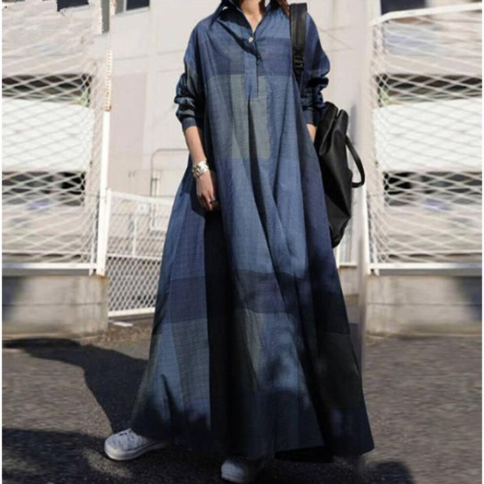 (blue, 3XL) Spring and Autumn Women&apos;s Dress Plus Size Fashion Cotton Linen Dress Vintage Printing Loose Long Sleeve Large Swing Dresses