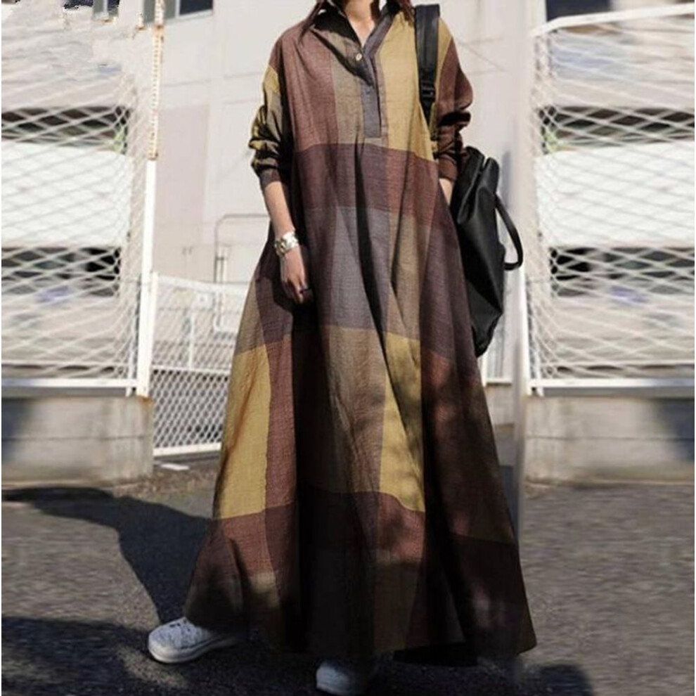 (yellow, 4XL) Spring and Autumn Women&apos;s Dress Plus Size Fashion Cotton Linen Dress Vintage Printing Loose Long Sleeve Large Swing Dresses