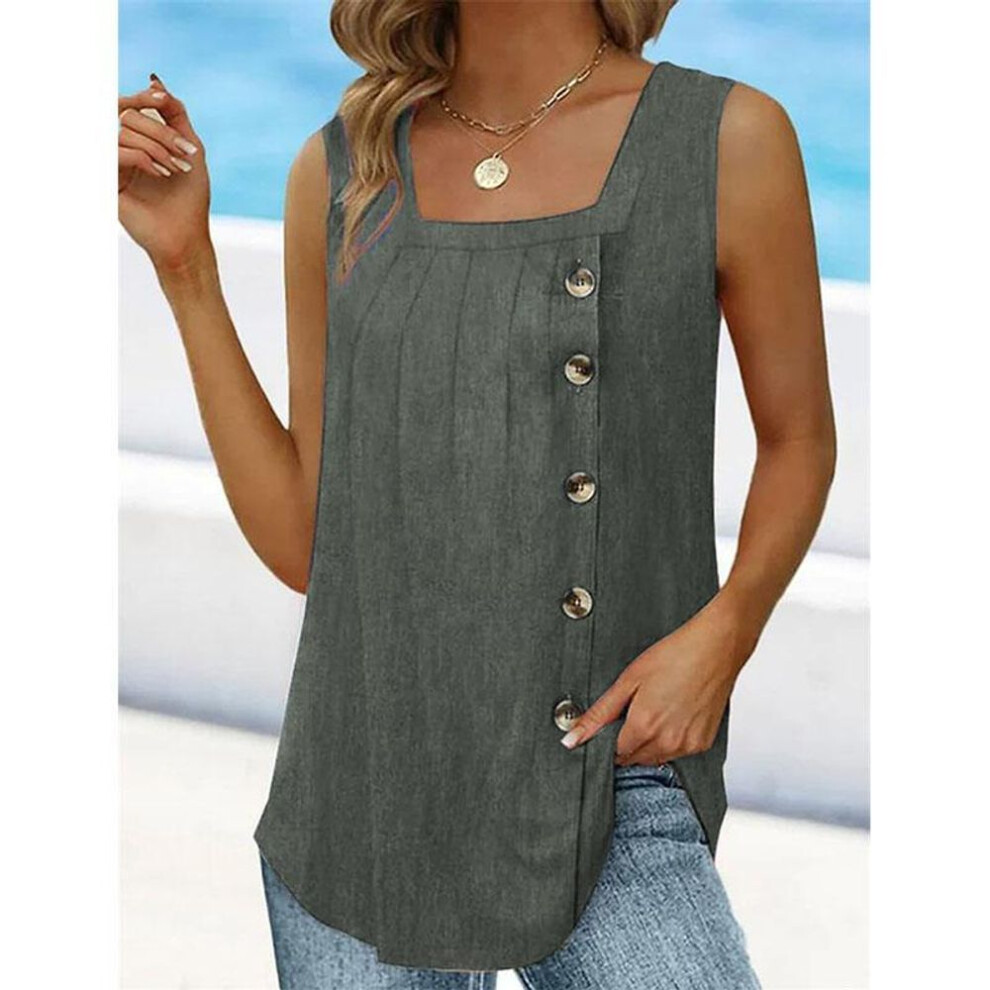 (4XL, grey) Summer Women&apos;s Tank Tops Pleated Square Collar Sleeveless Button Undershirt Vest