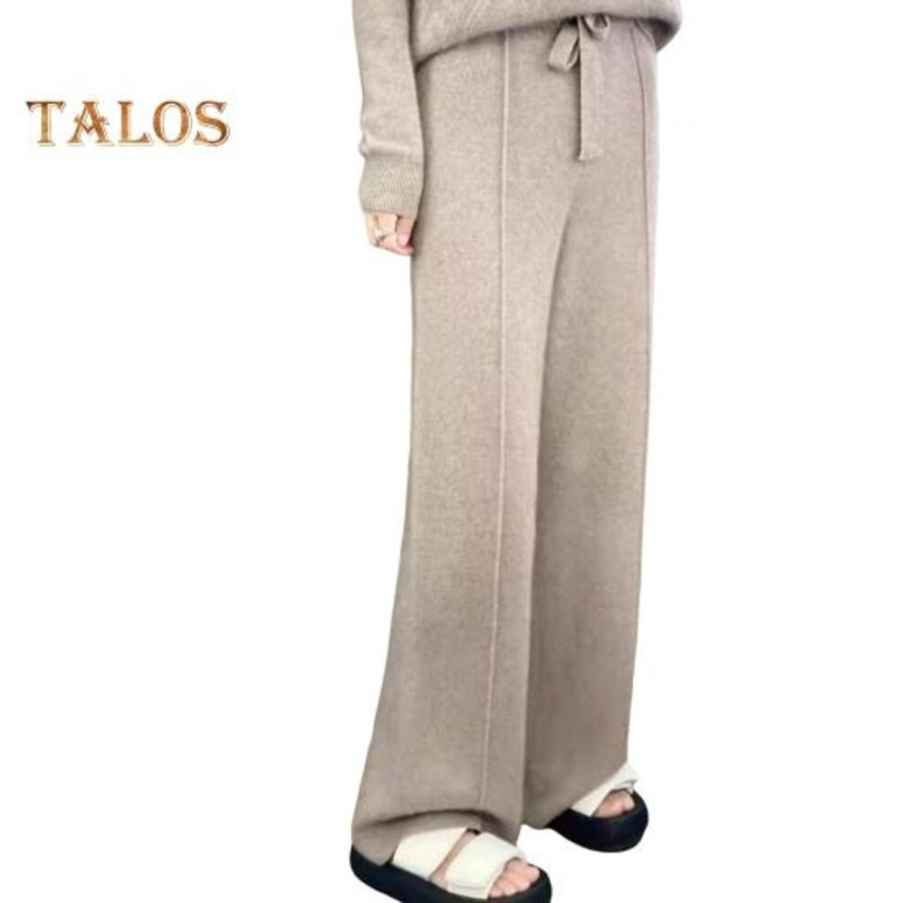 (camel, M) Wool Casual Pants Solid Color Straight Wide Leg Knitting Trousers With Drawstring High Waist Thickened Slacks