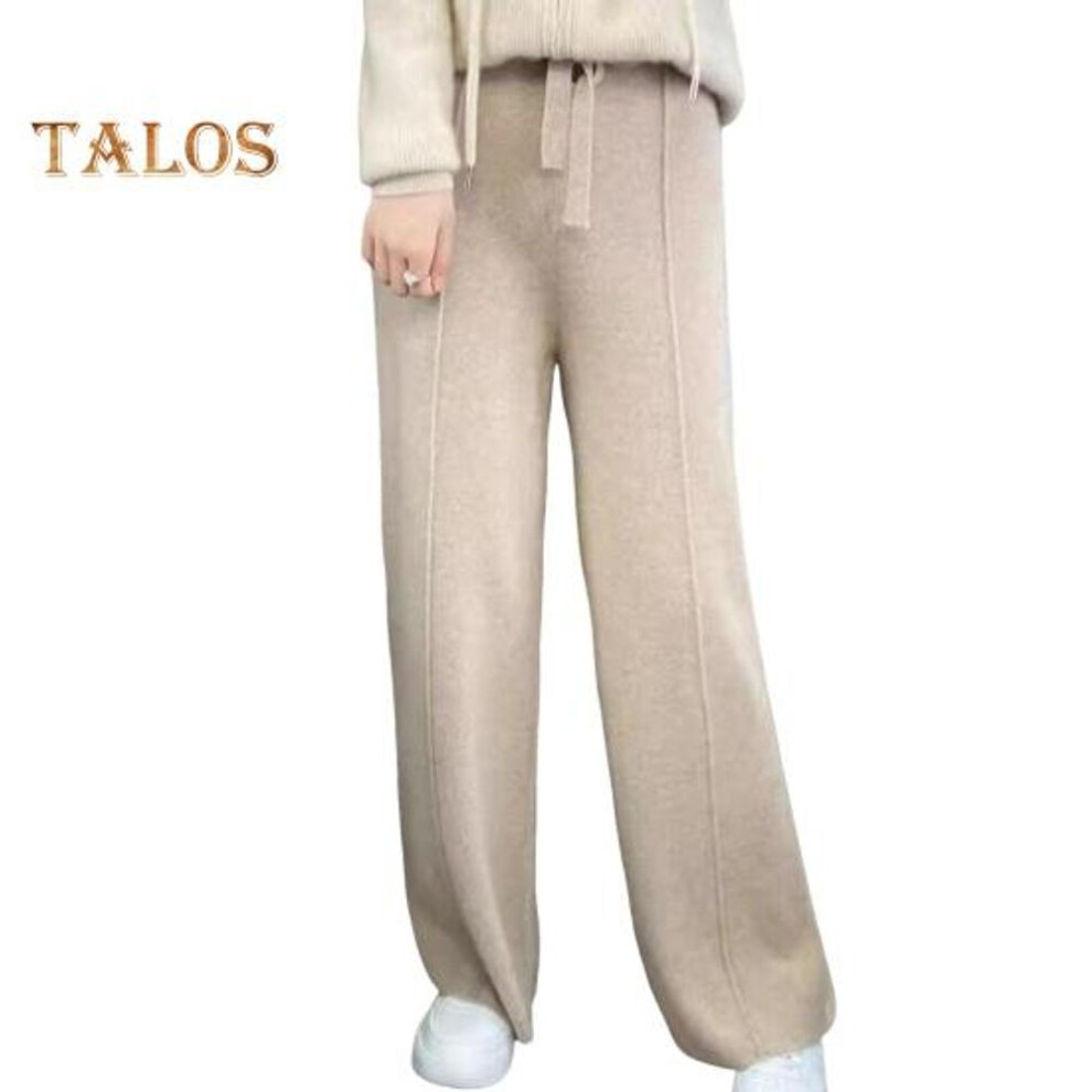 (light tan, M) Wool Casual Pants Solid Color Straight Wide Leg Knitting Trousers with Drawstring High Waist Thickened Slacks