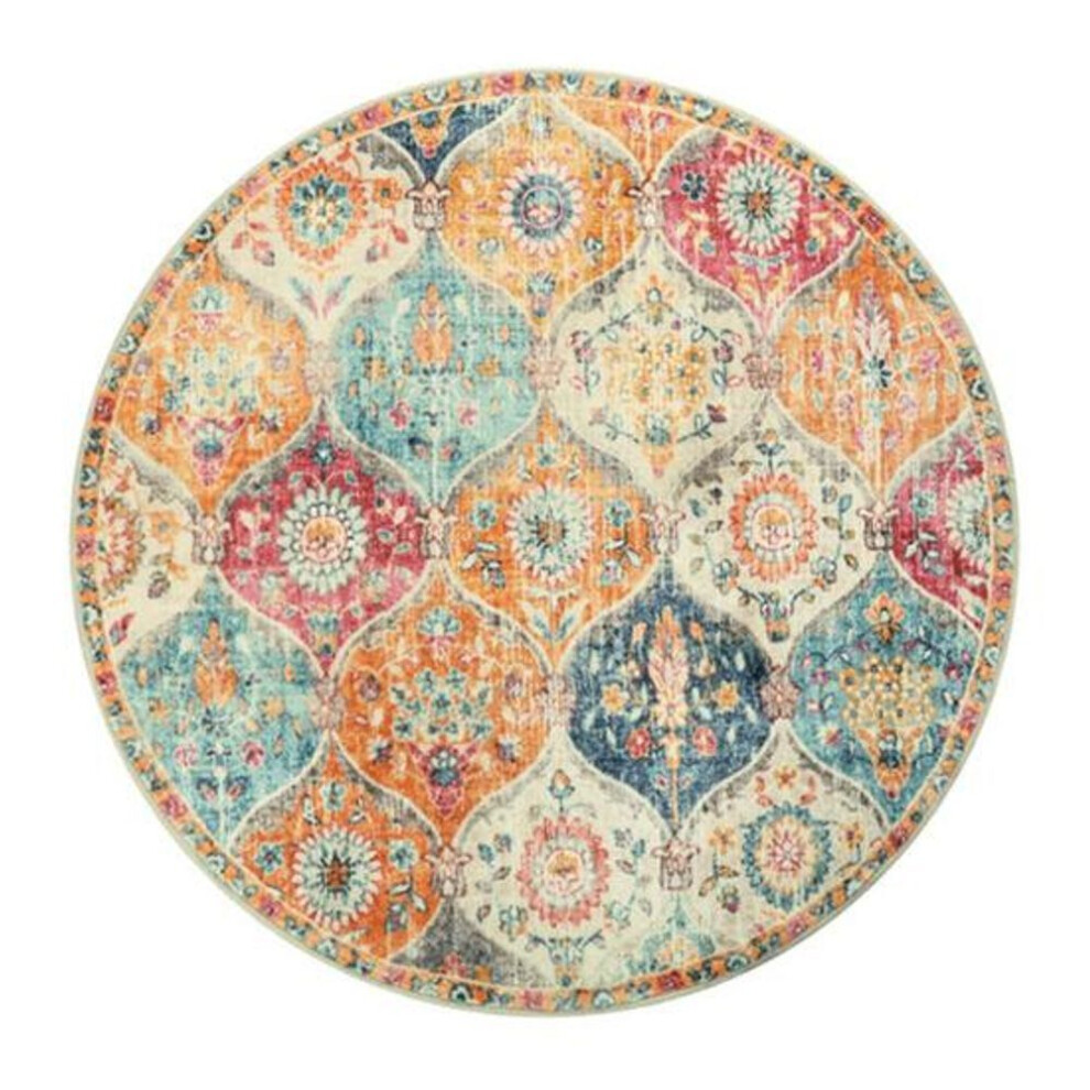 (orange, L) Round Moroccan Area Rug Vintage Flower Print Distressed Machine Washable Living Room Bedroom Office Kids Room Indoor Decoration Mat Floor Carpet
