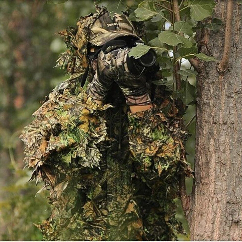 Hunting Clothes Suit 3D Leaves Linen Lightweight Breathable Long Sleeve Hooded Jacket Tops Pants Outdoor Birding Apparel For Photography