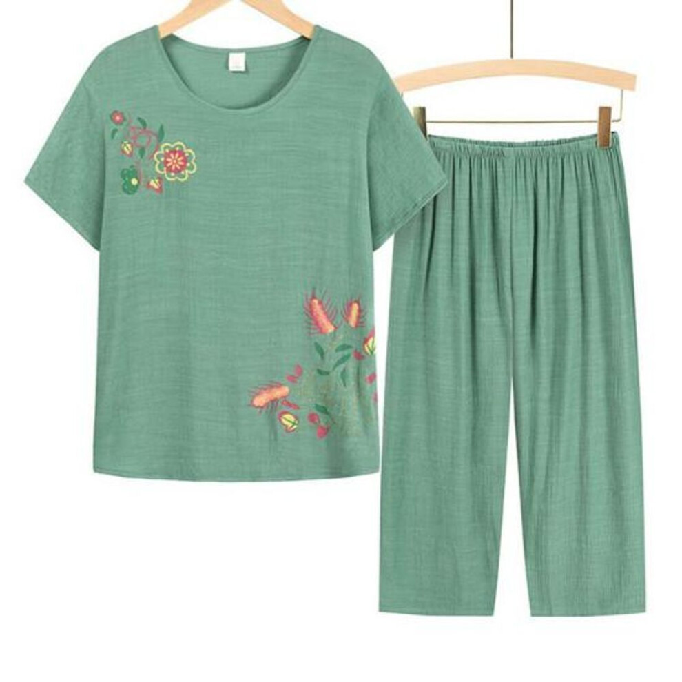 (4XL, green) 2 Pcs/set Mother Pajamas Set Flower Print Short Sleeves Round Neck Loose Pullover Sleeping Elastic Waist