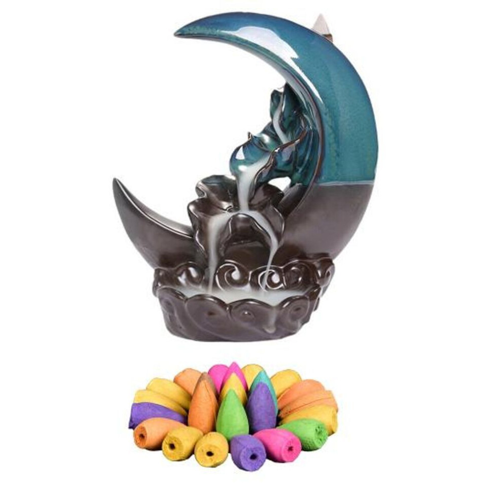 Crescent Moon Backflow Incense Holder With 20 Incense Cones Lotus Leaf New Moon Fountain Waterfall Ceramic Incense Burner Home Ornament Decoration