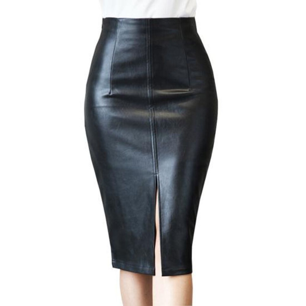 (M, black) Women Skirt High Waist Sheath Slim Fit Skinny Faux Leather Split Hem Knee Length Solid Color Smooth Zipper Closure Ol Commute Lady Midi Skirt