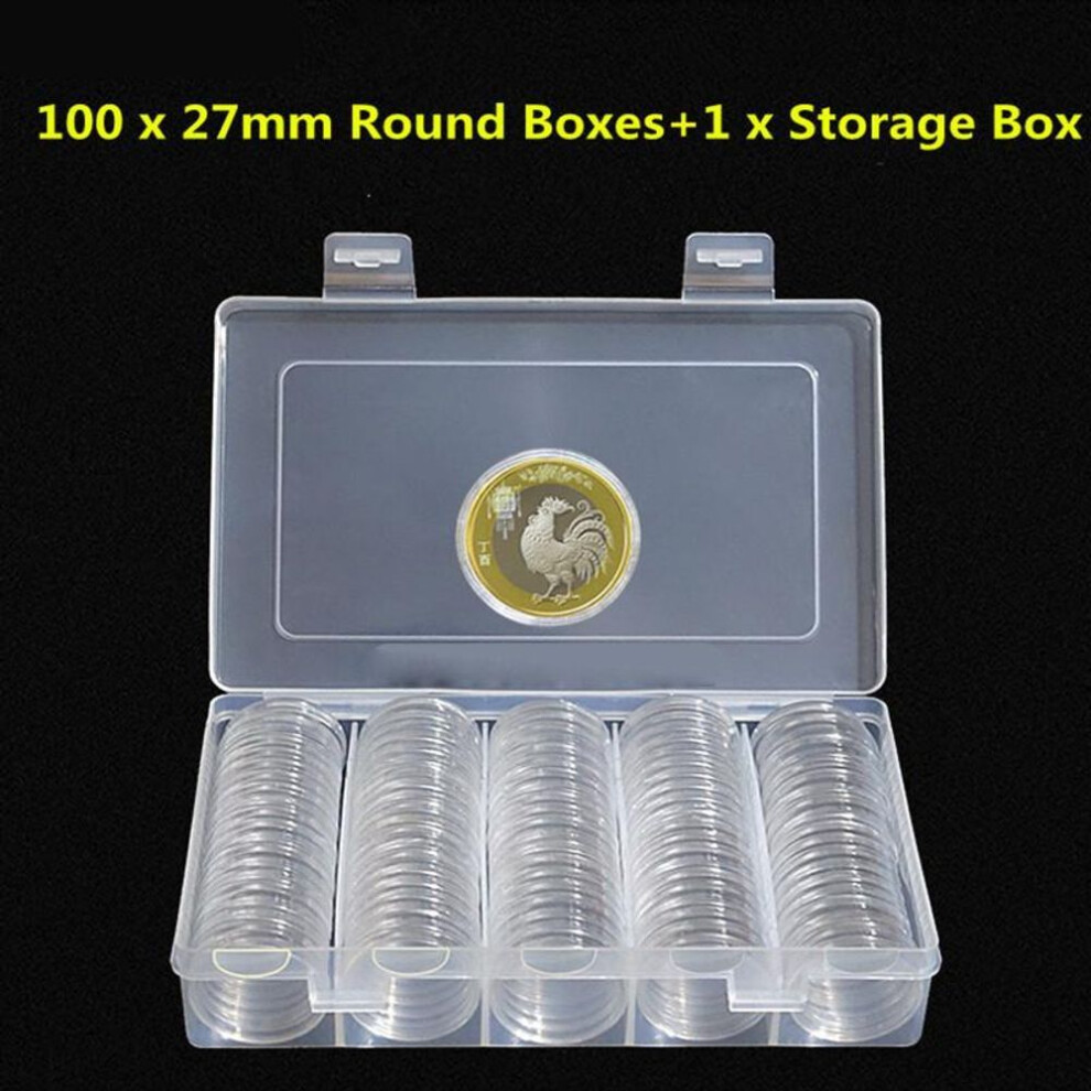 100pcs 27mm Round Cases Coin Storage Capsules Holder Box Container