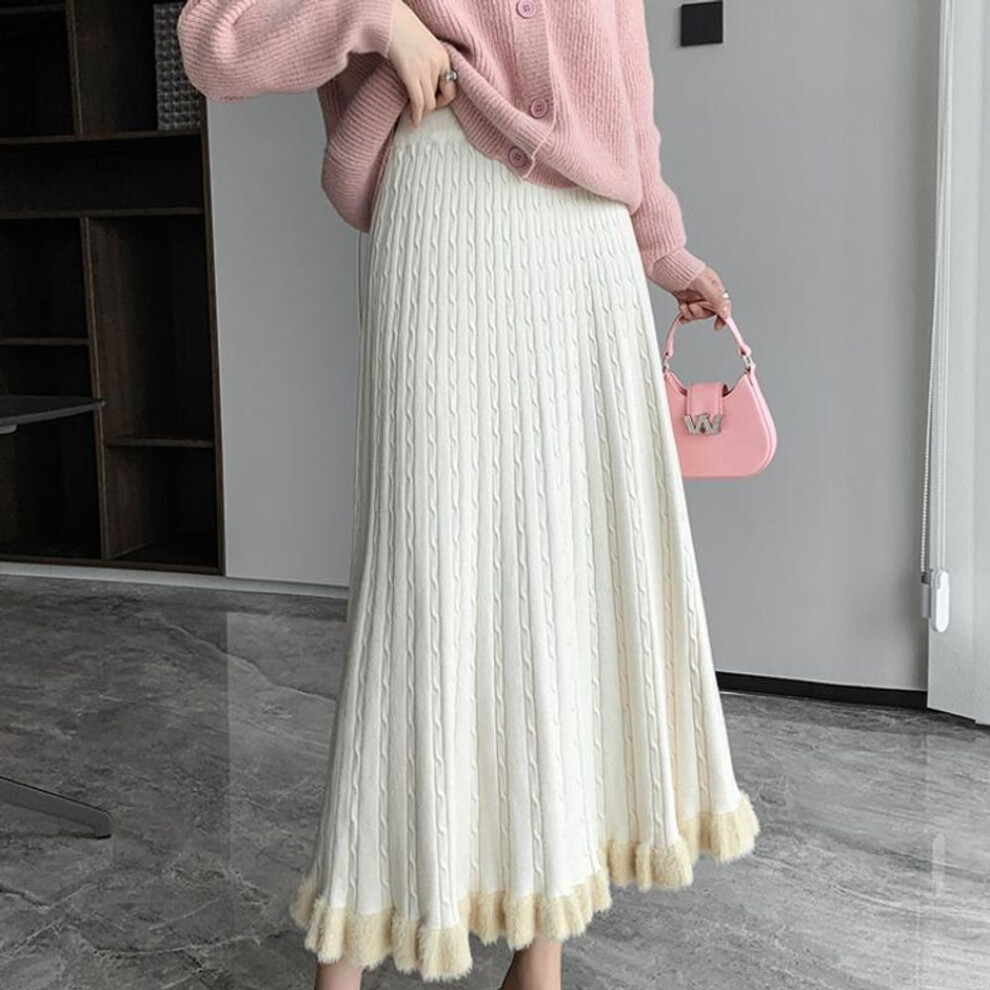 (One Size, beige) Korean Fashion Autumn Winter Women Warm Midi Knitting Skirt High Waist Black Gray Apricot Khaki Brown Knitted Ruffles Skirts