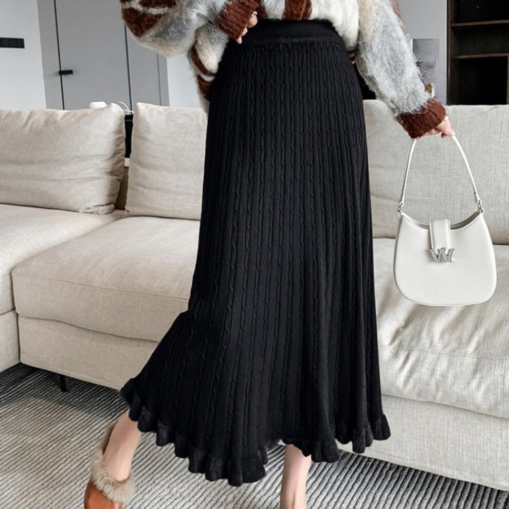 (One Size, black) Korean Fashion Autumn Winter Women Warm Midi Knitting Skirt High Waist Black Gray Apricot Khaki Brown Knitted Ruffles Skirts