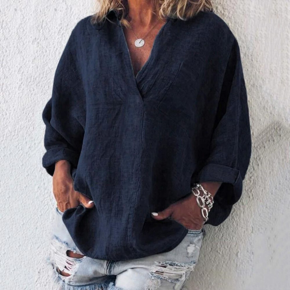(XXXXXL, navy) Boho Womens Long Sleeve Cotton Linen Kaftan Ladies Baggy Blouse Tee Shirt Tops