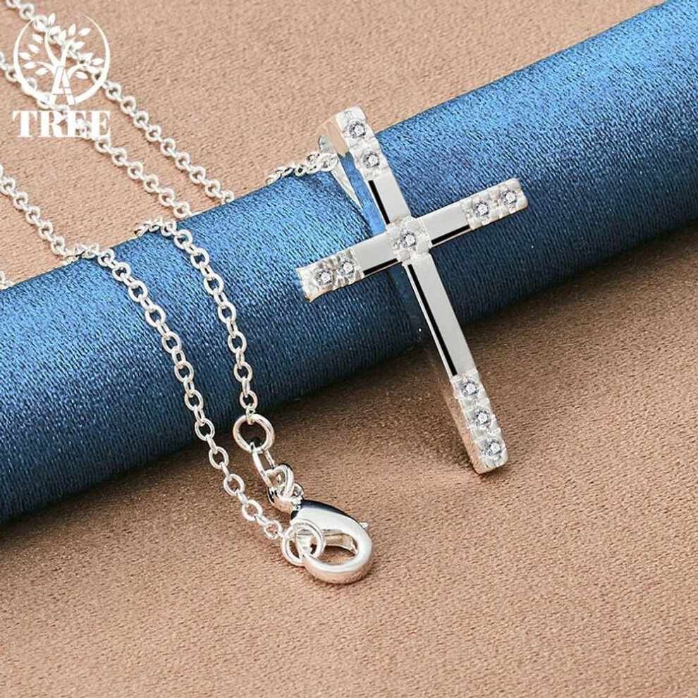 (45cm) 925 Sterling Silver AAA Zircon Cross Pendant Necklace Jewelry