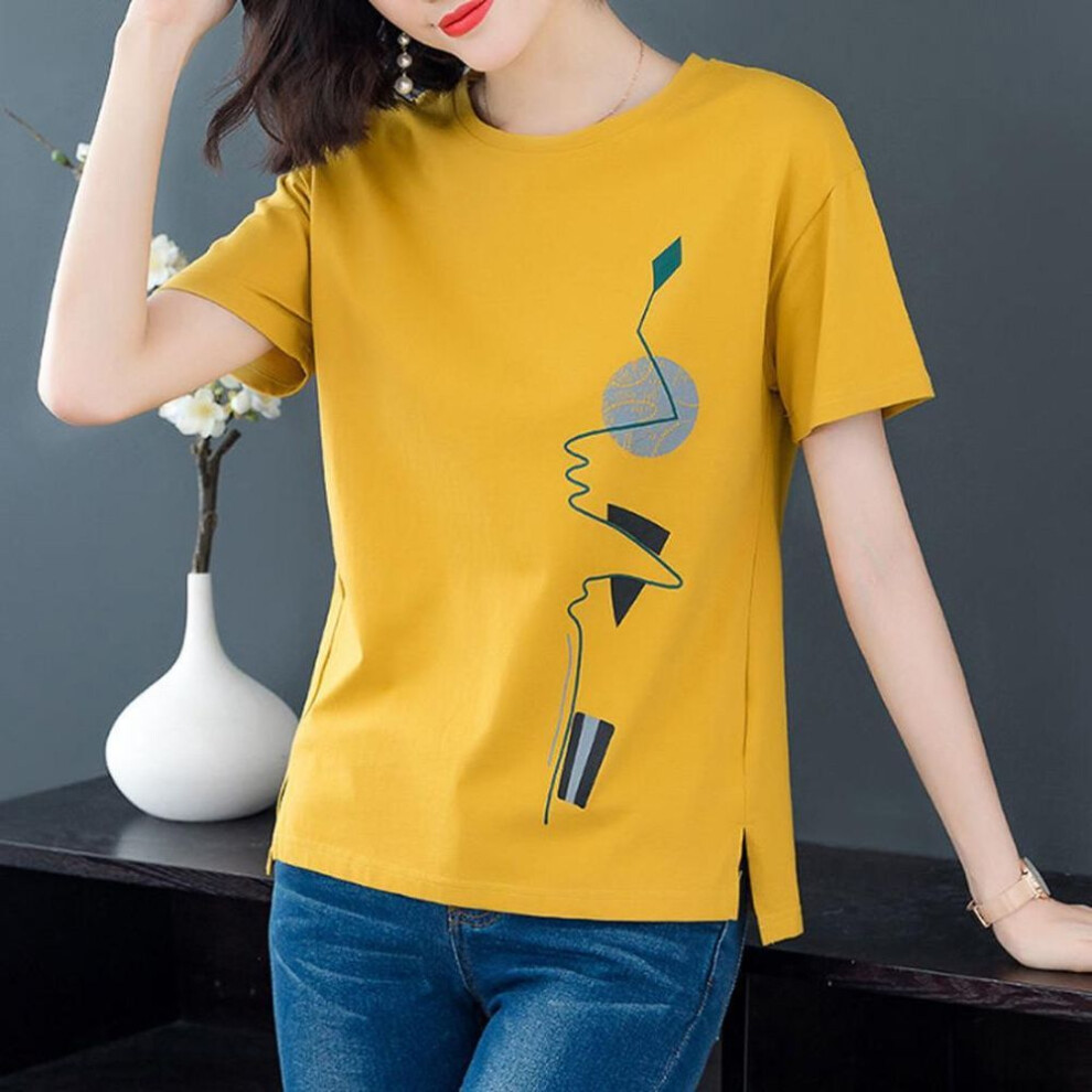(XXXL, yellow) Fashion Women Casual Short Sleeve Printed  Blouse Ladies T-Shirt Tops