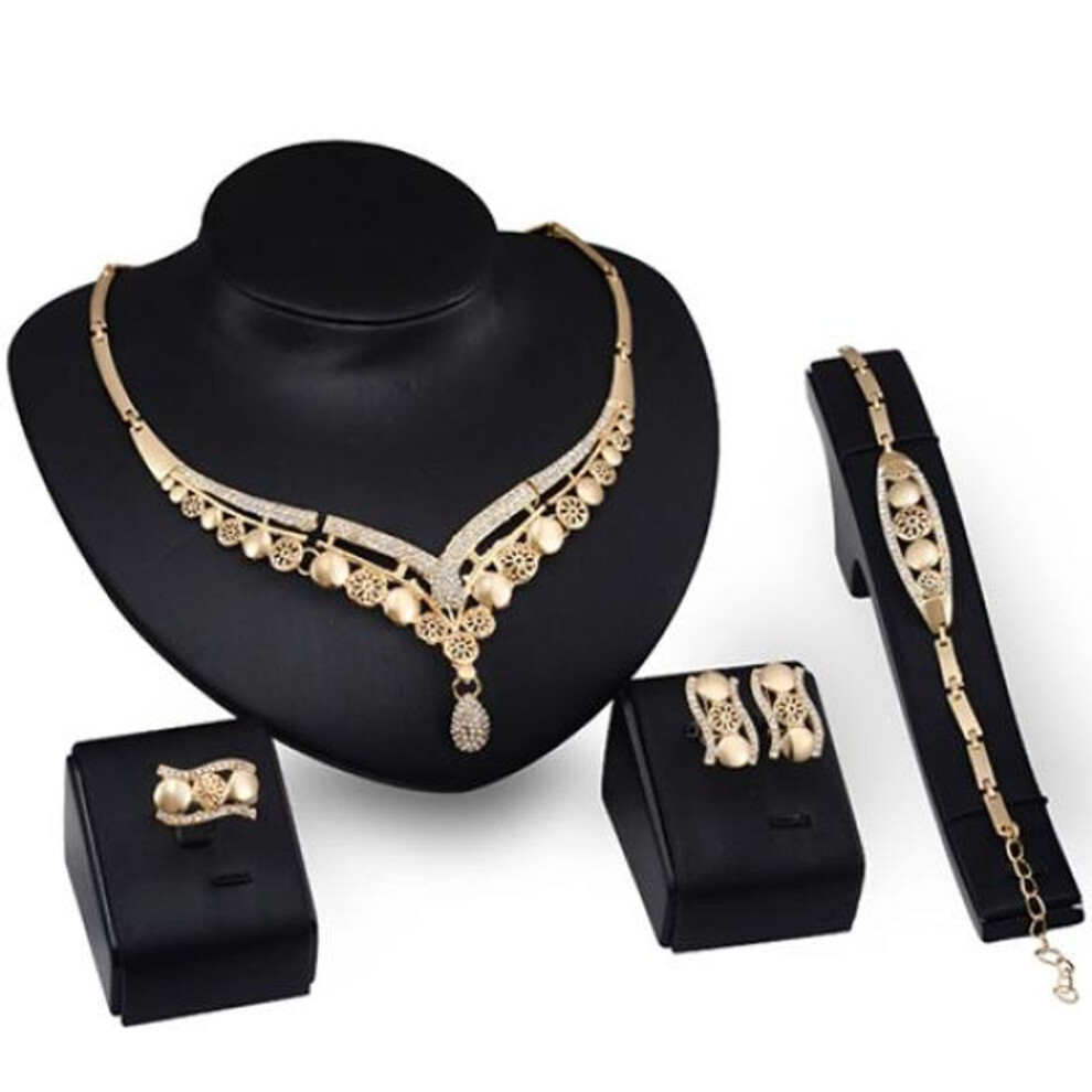 Women&apos;s Bridal Gift Flower Round Drop Collar Necklace Bracelet Ring Earrings Set
