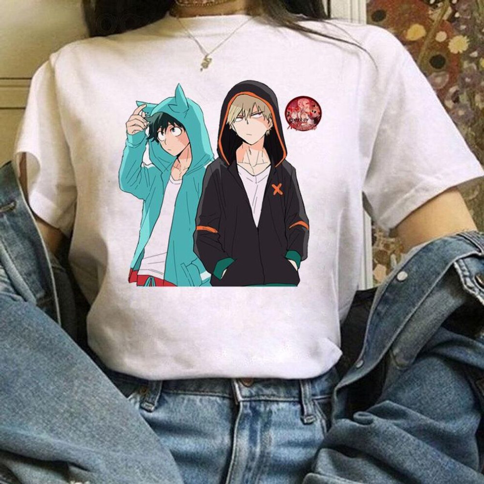 (M, white) My Hero Academia Bakugou Katsuki Izuku Midoriya Clipart Anime printing womens T-shirt summer Street casual stretch Slim tees Basic Couple tshirs