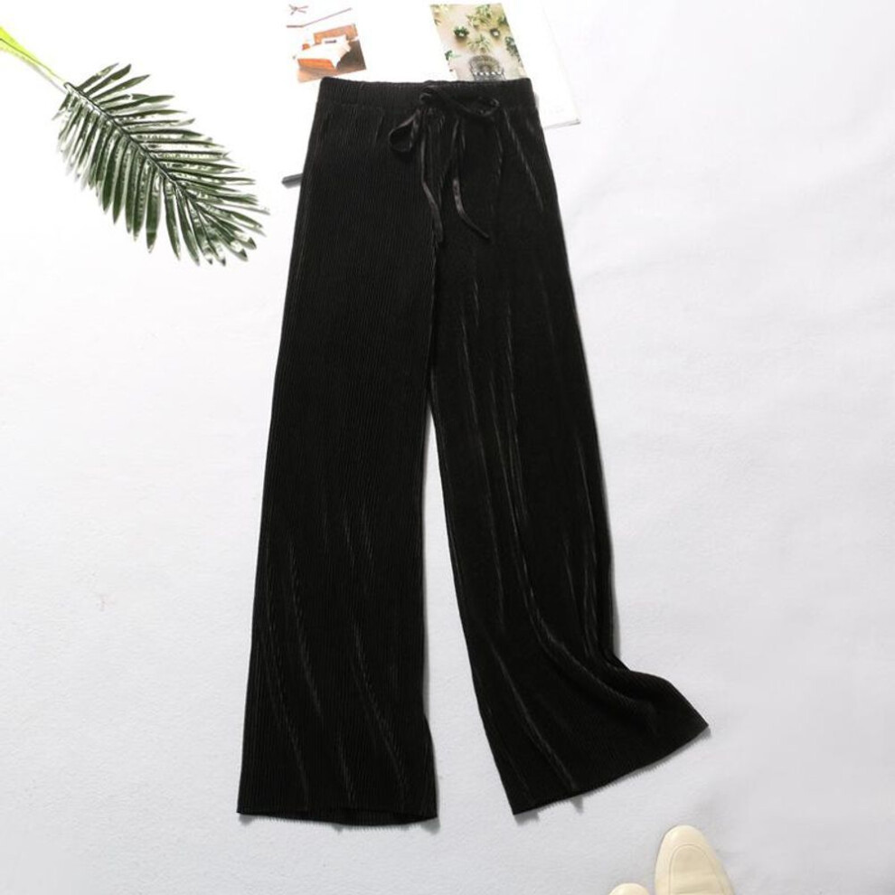 (black, One Szie) Pleated Wide-leg Pants Women&apos;s Trousers Down Spring and Summer Loose Casual Chiffon Ice Silk Pants