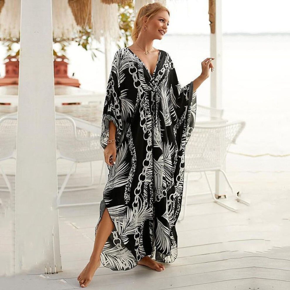 (One Size, black) Edolynsa Sexy Zebra Striped Bikini Cover-ups Casual V-neck Side Split Summer Beach Dress Women Beach Wear Swim Suit Cover Up Q1297