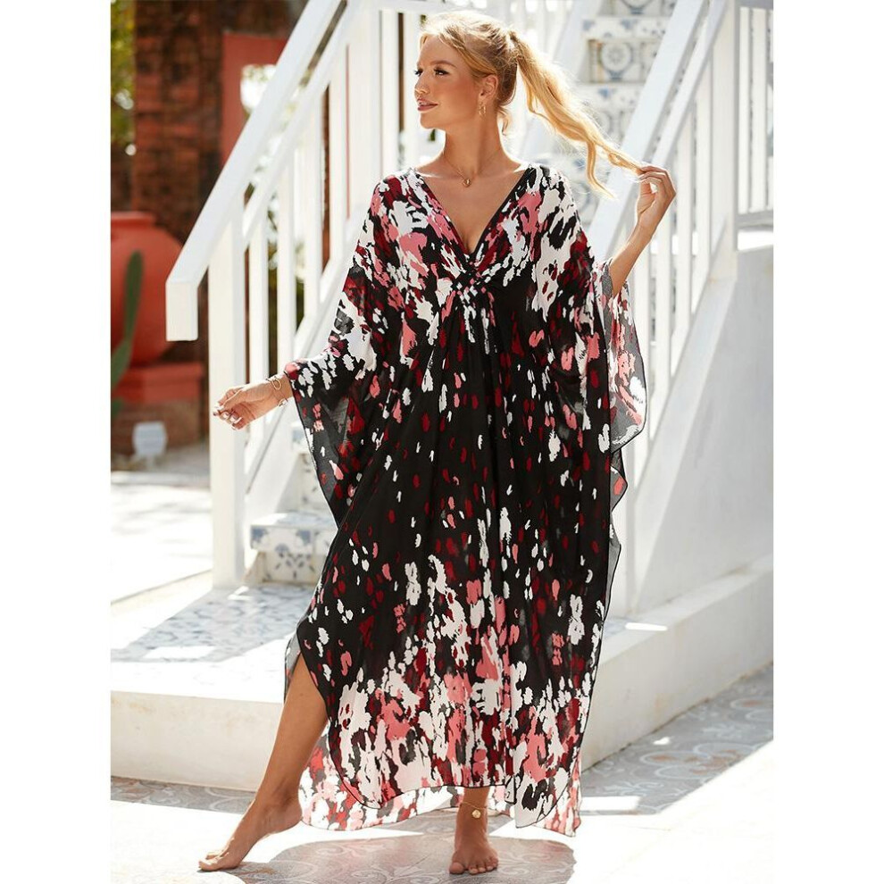 (One Size, pink) EDOLYNSA Sexy Zebra Striped Bikini Cover-ups Casual V-neck Side Split Summer Beach Dress Women Beach Wear Swim Suit Cover Up Q1297