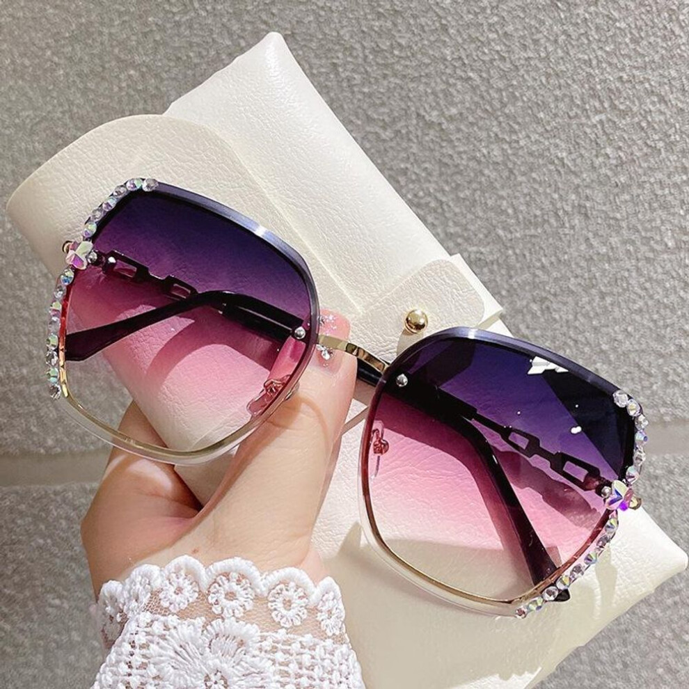 (purple,pink) Retro Oversized Frame Uv400 Sunglasses Women Vintage Fashion Rimless Gradient Colors Lens Sunglasses
