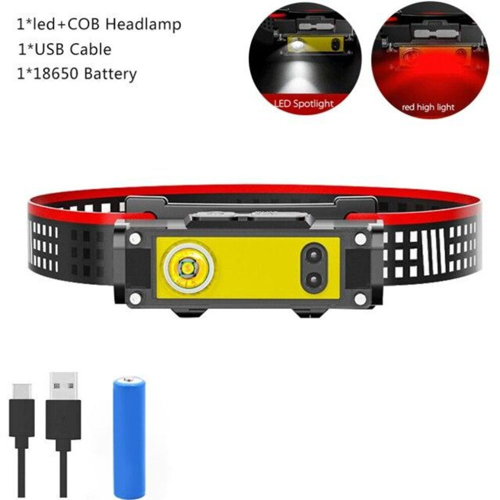 (black, With Battery) Induction Headlamp Cob Led Head Lamp Portable Waterproof Flashlight Usb Rechargeable Head Torch 6 Lighting Modes 18650 Headlight