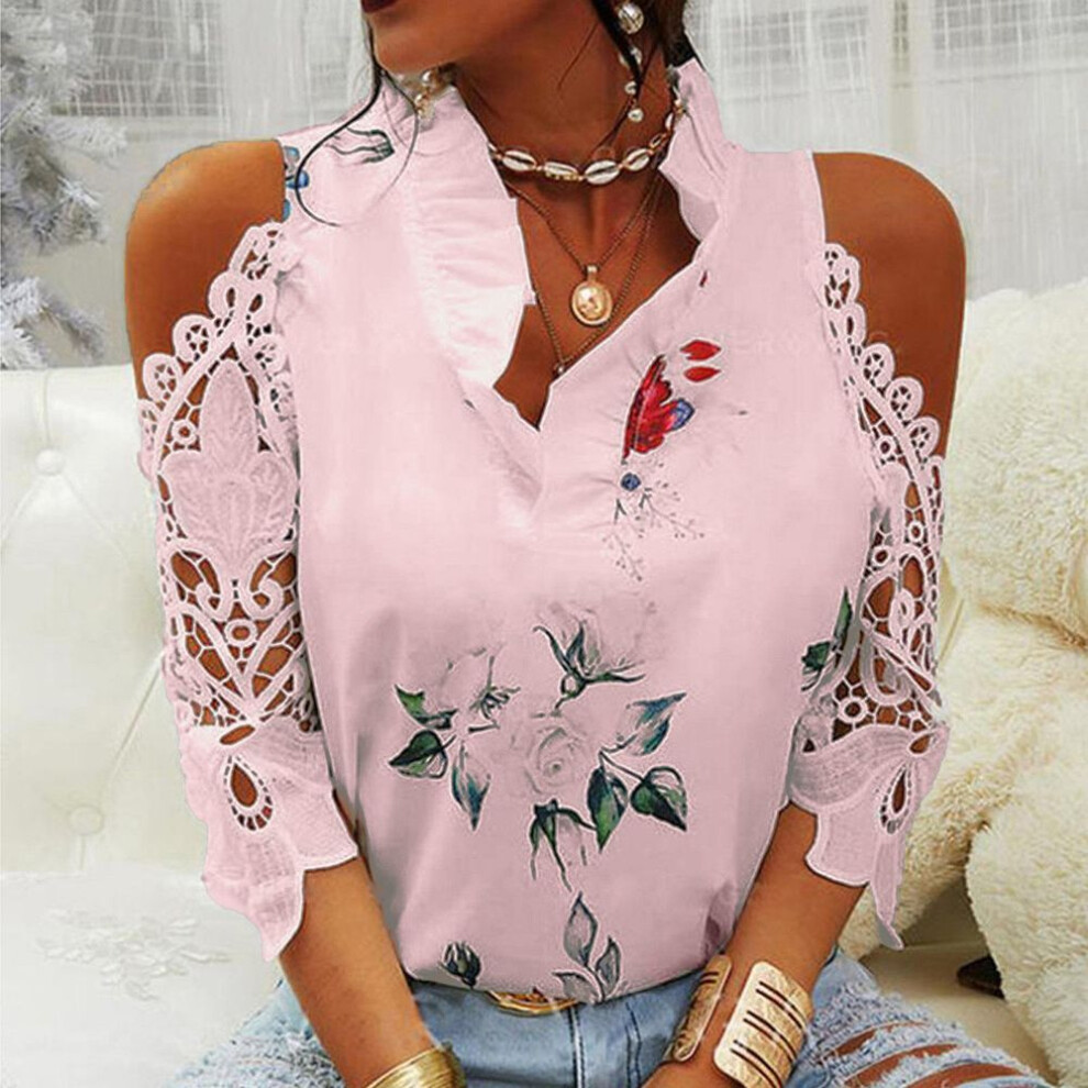 (S, pink) Fashion Women Floral Print Top Off Shoulder Lace Stitching Sleeve T-shirt