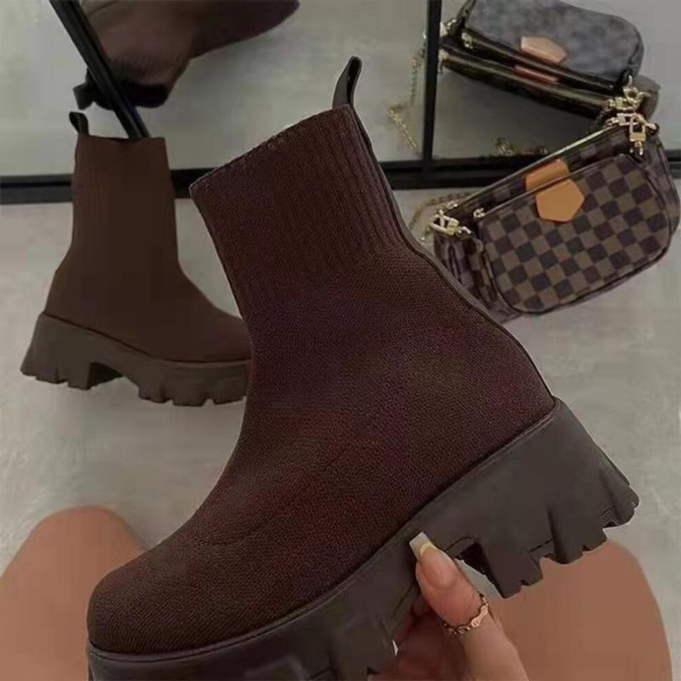 (brown, 39) 2024 New Women Luxury Brand Plus Size Women&apos;s Boots Couple Socks Shoes Women&apos;s Thick Bottom Casual Knitted Ankle Boots