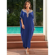 (One Size, blue) EDOLYNSA Plus Size Blue Embroidered Kaftan Long Beach Dress Summer Women Homewear Outfit Swim Suit Cover Up Loose Caftan