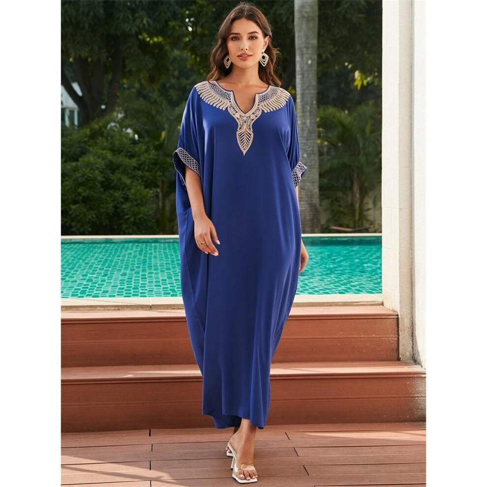 (One Size, blue) Edolynsa Plus Size Blue Embroidered Kaftan Long Beach Dress Summer Women Homewear Outfit Swim Suit Cover Up Loose Caftan
