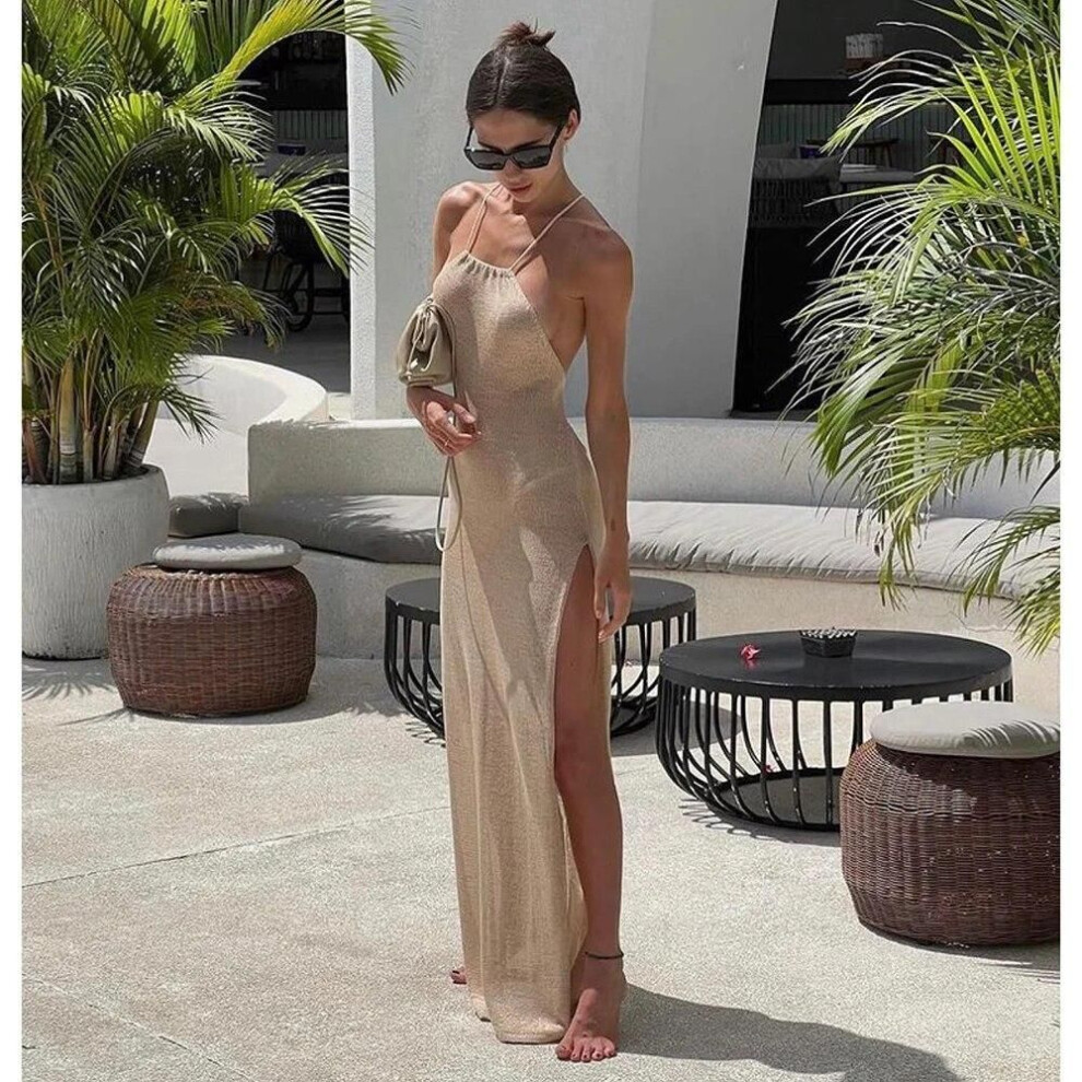 (S, beige) Edolynsa 2024 Kintted Cover Up Beach Sexy Halter Sleeveless See Through Maxi Slit Bodycon Summer Dress Bikinis Cover-ups  Elegant Halter Beachdress