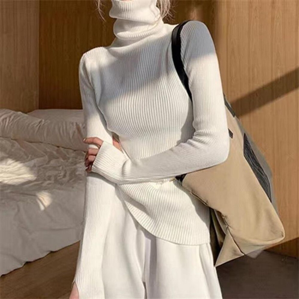 (L, white) Women heaps collar Turtleneck Sweaters Autumn Winter Slim Pullover Women Basic Tops Soft Knit Sweater Soft Warm Jumper