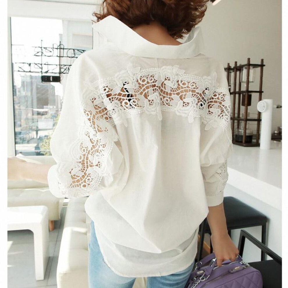 (L, white) Vintage White Blouses Women Sexy Hollow Out Backless Lace Blouse Fashion Office Casual Loose Cotton Shirts Tops