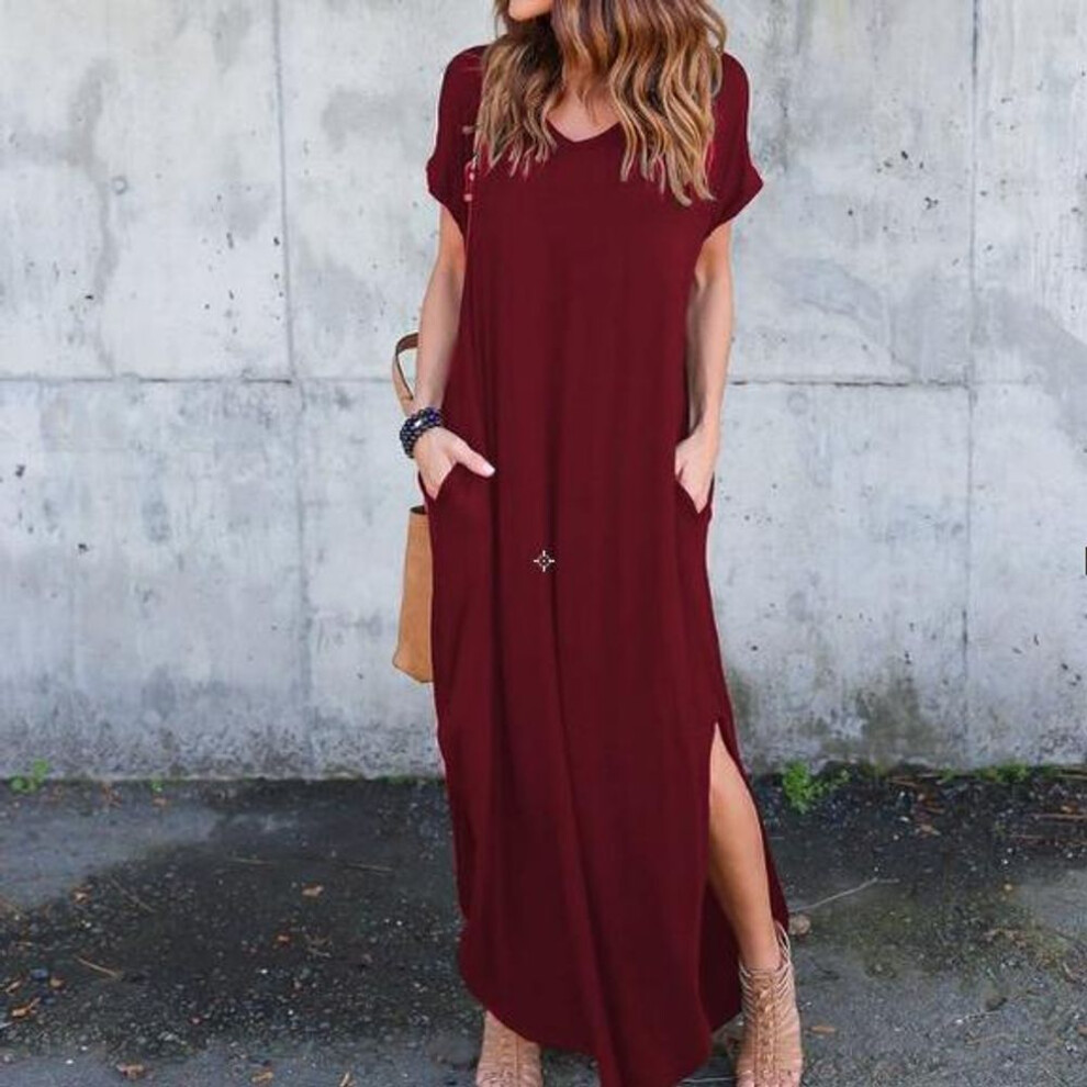 (burgundy, S) Plus Size 5xl Sexy Women Dress Summer 2022 Solid Casual Short Sleeve Maxi Dress For Women Long Dresslady Dresses
