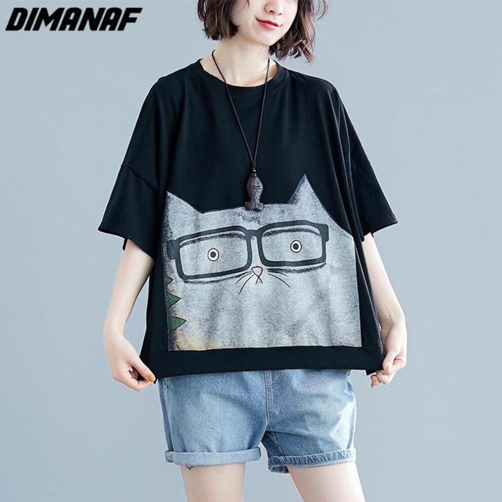 (One Size, black) Dimanaf 2023 Plus Size Summer Women T-shirts Cartoon Cat Print Tops Tunic Tees Shirt Oversize Bat Loose Casual Green