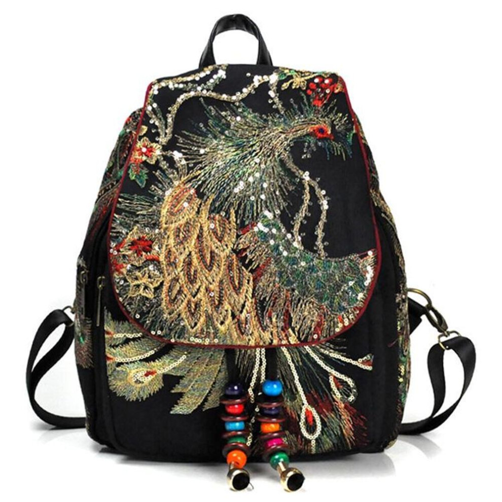 (black) Vintage Women Backpack Embroidery Peacock Sequin Rucksack National Boho Beads Travel School Bag