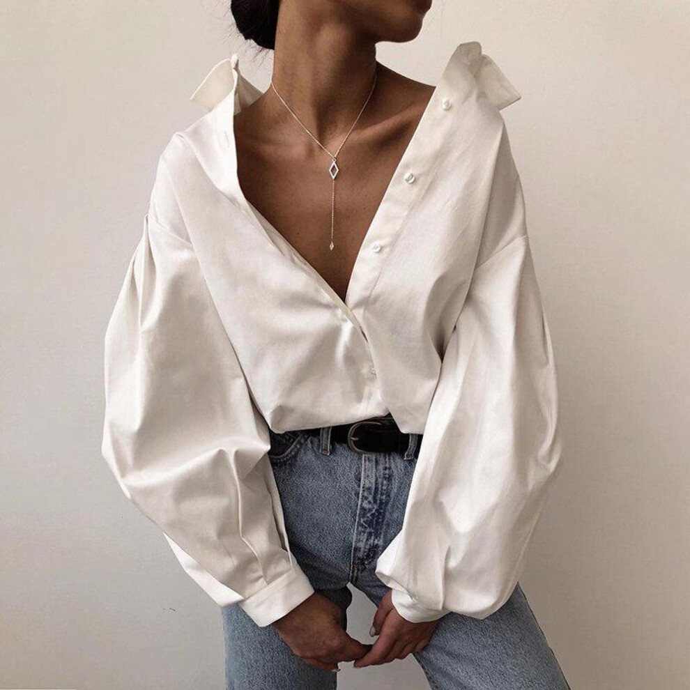 (XL, white) Women Blouses Top Lantern Sleeve Elegant Shirt White Black Sexy Button Vintage Blouse Turn Down Collar Loose Blouse
